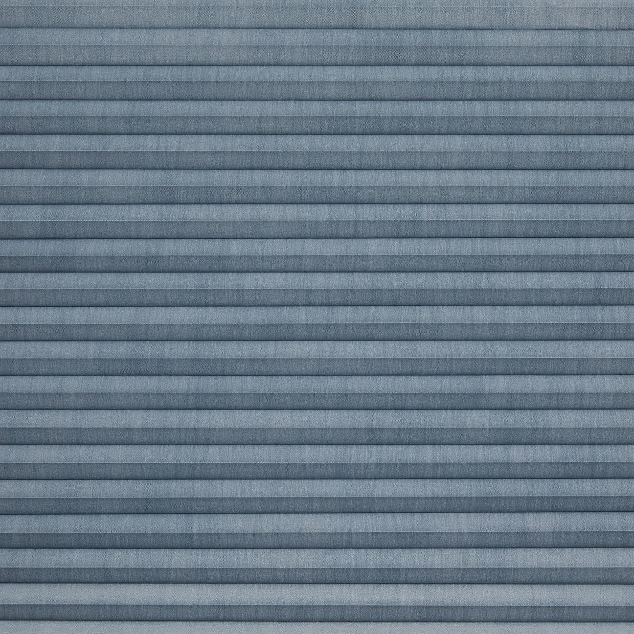 Horizontal pleated fabric shades (blue-gray) â€” fully closed, narrow horizontal folds blocking the view and softly diffusing light â€” filling the frame with even ambient lighting and no visible surroundings.