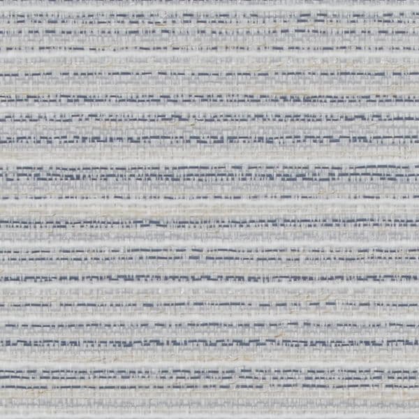Woven horizontal fabric blind sample with narrow beige, gray and white threads; static, tightly woven with thin darker flecks; close-up view suggesting neutral indoor lighting and texture.