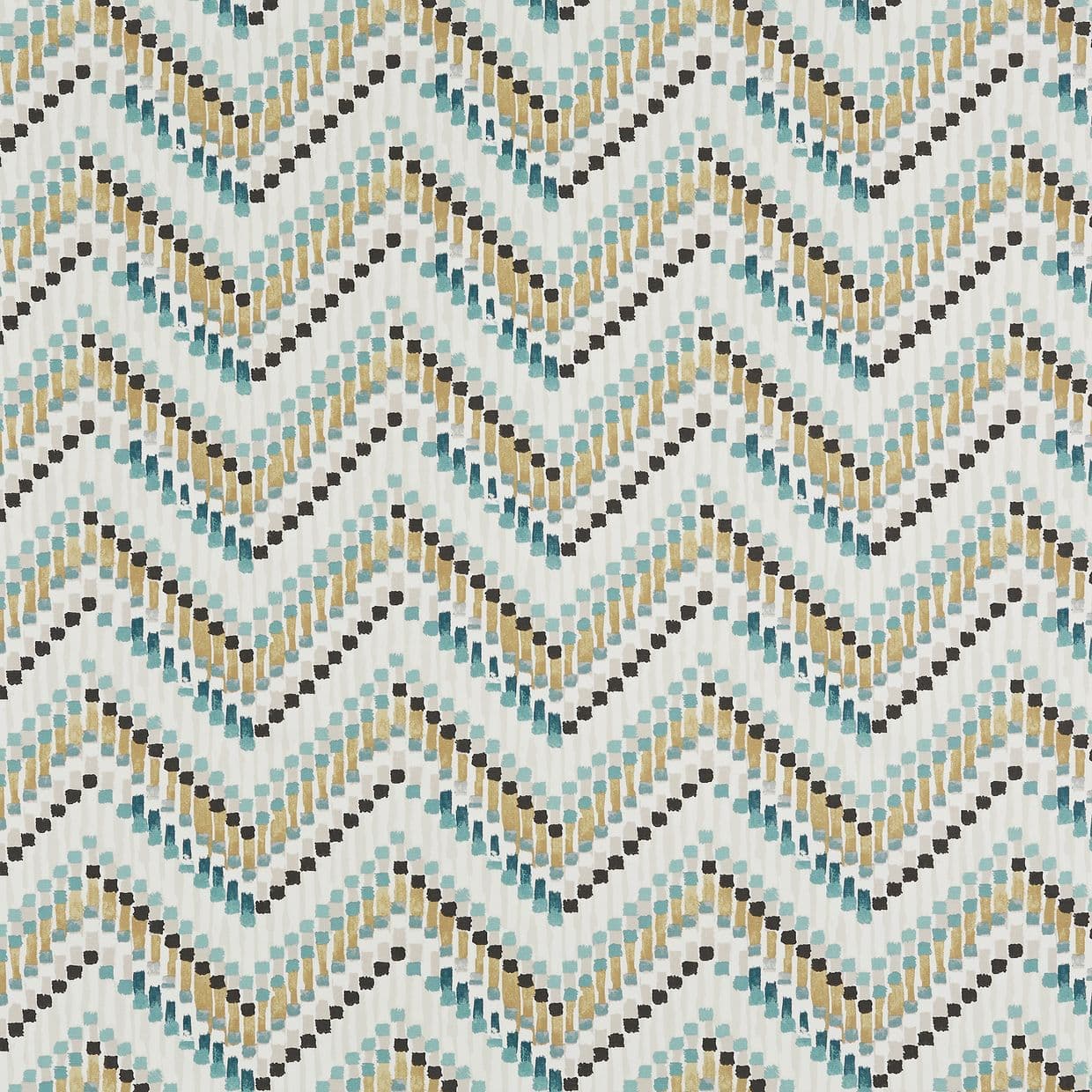 Chevron-patterned wallpaper featuring staggered brushstroke squares in teal, gold, black and gray, repeating across an off-white surface; evenly lit, abstract decorative motif without visible room context.