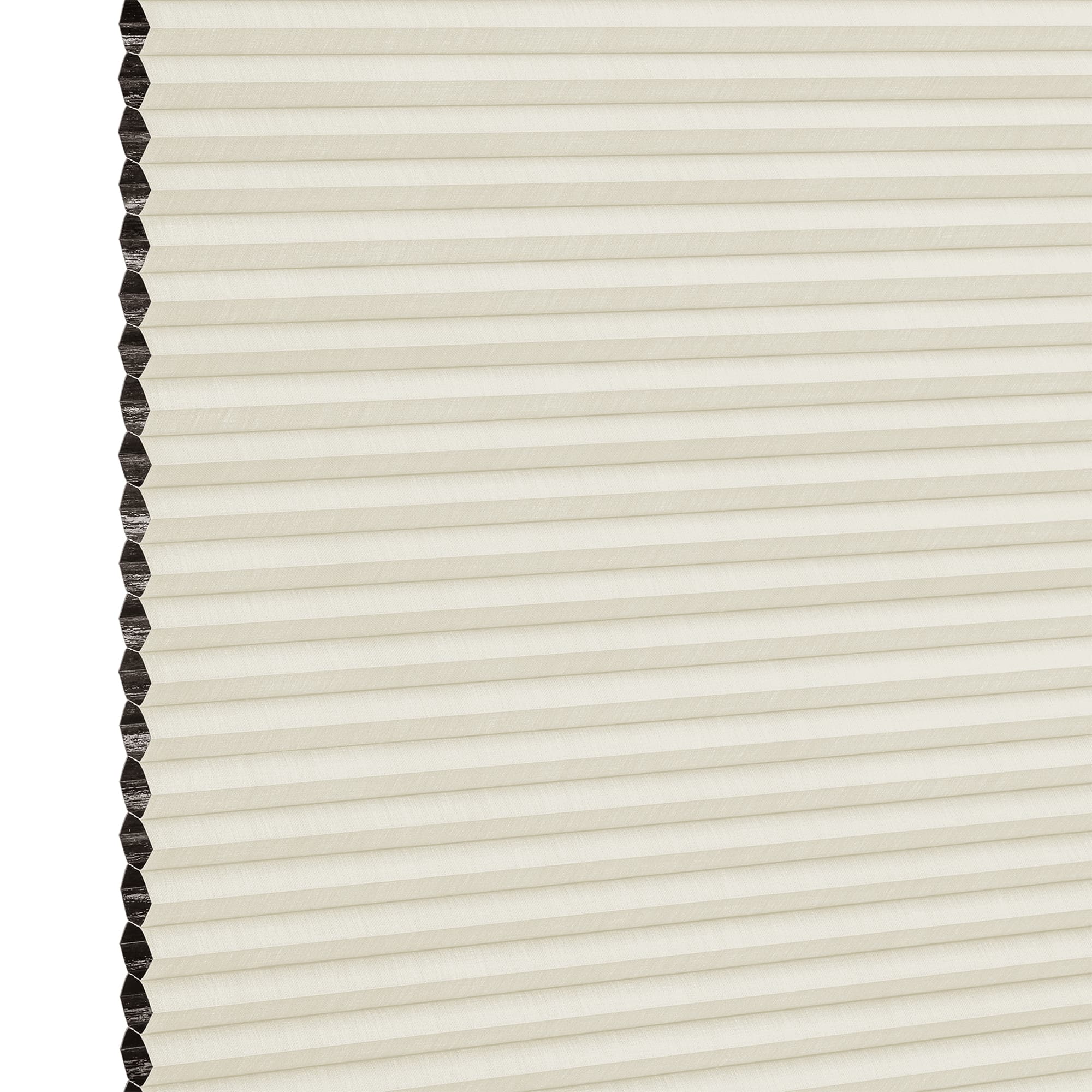 Cream cellular (honeycomb) blind with dark-lined cells visible on the left; closed into uniform horizontal pleats, filtering soft diffuse indoor light against a neutral background.