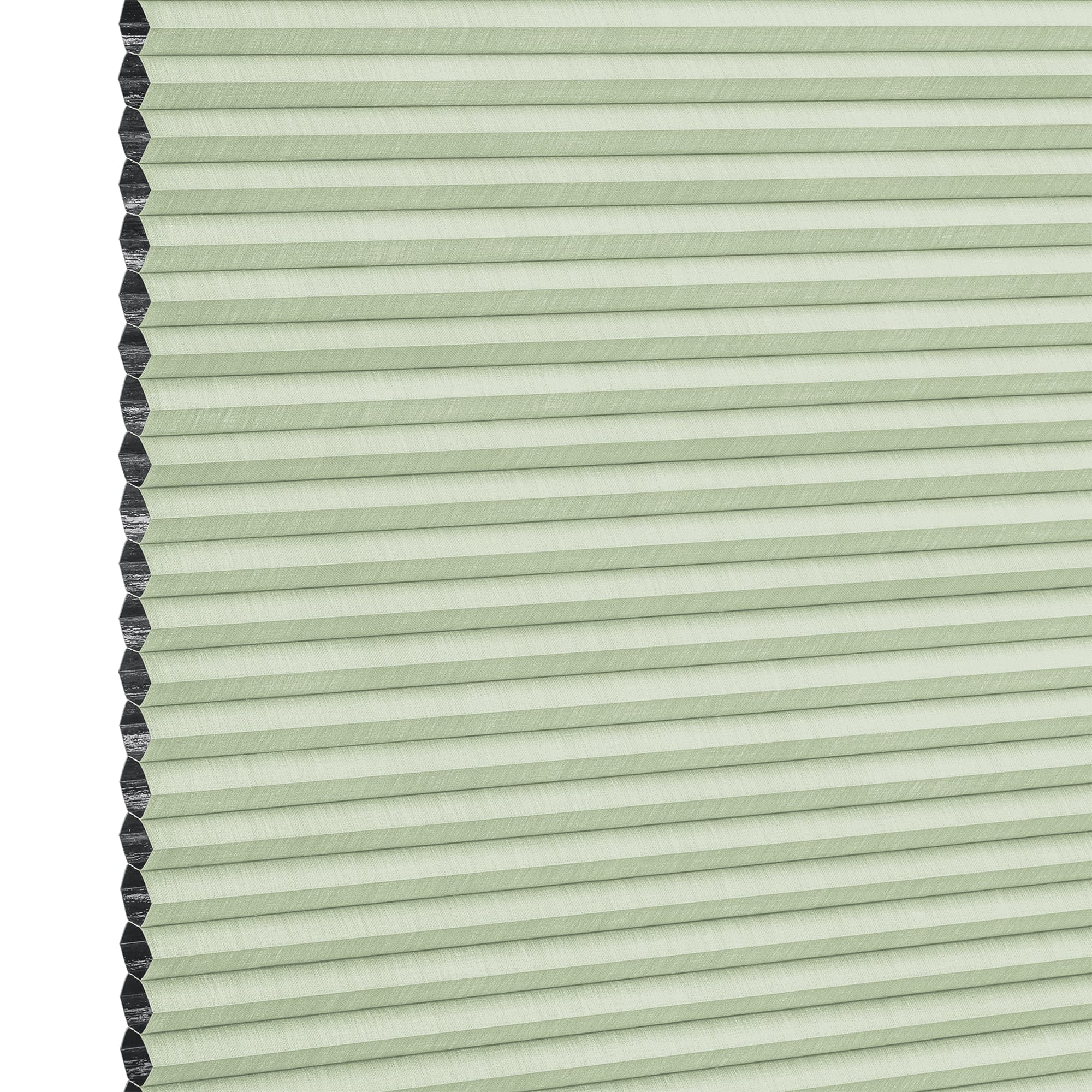 Cellular (honeycomb) blind, pale green with visible black cell edges â€” closed, pleated and covering the frame â€” close-up product view with even lighting and a neutral background.
