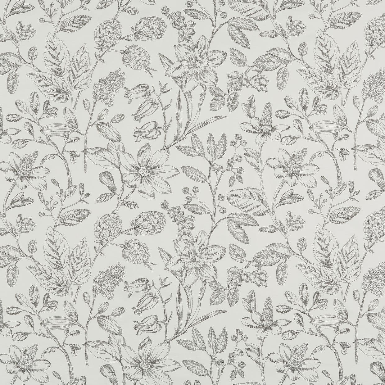 Wallpaper with matte pale background, covered in repeating fine-line botanical sketches of flowers, leaves and buds; pattern fills entire wall, creating a delicate, vintage monochrome decorative texture.