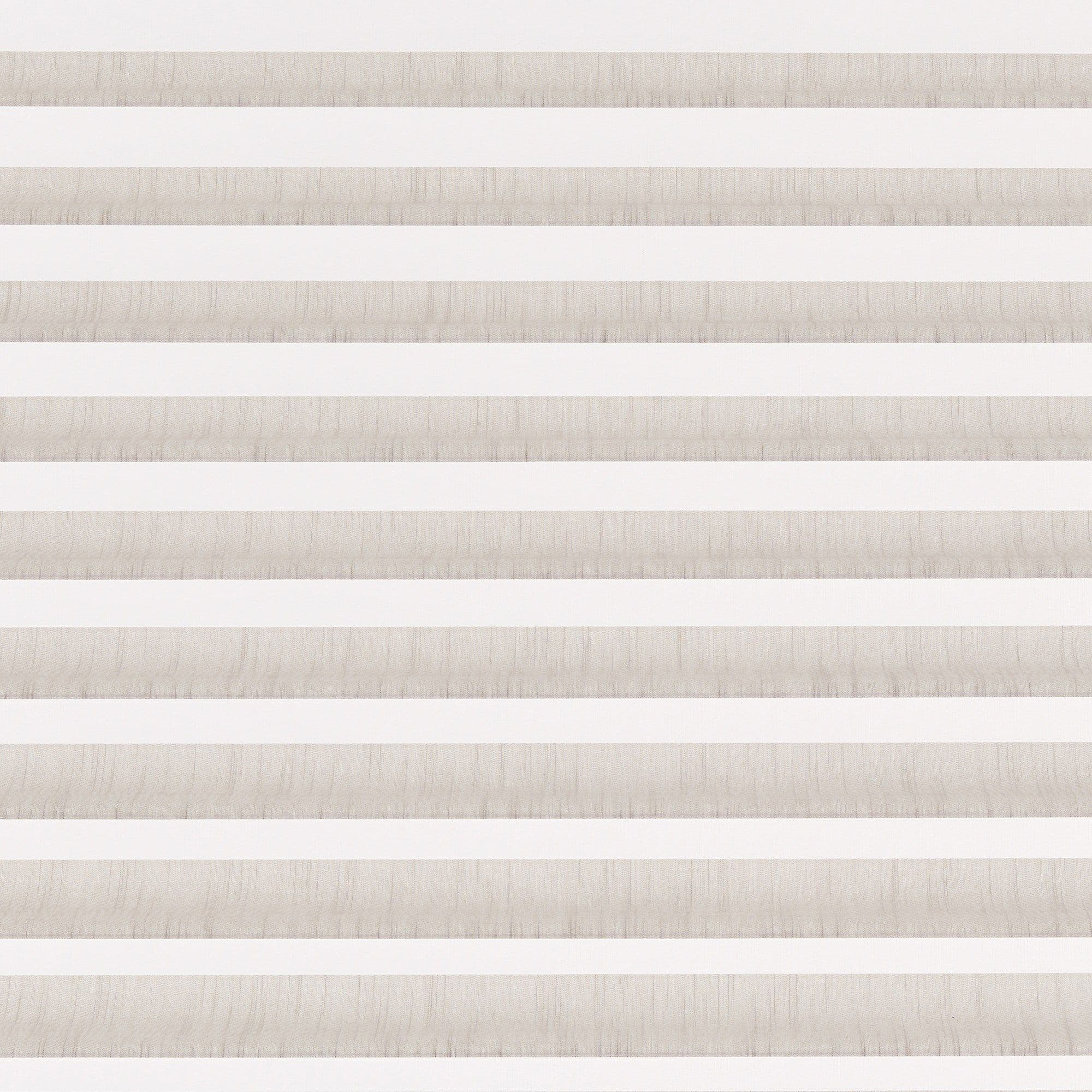 Striped zebra roller blind, full-width with alternating beige textured and white translucent horizontal bands, lowered and aligned, filtering diffuse daylight in a neutral-toned interior without any visible outside view.