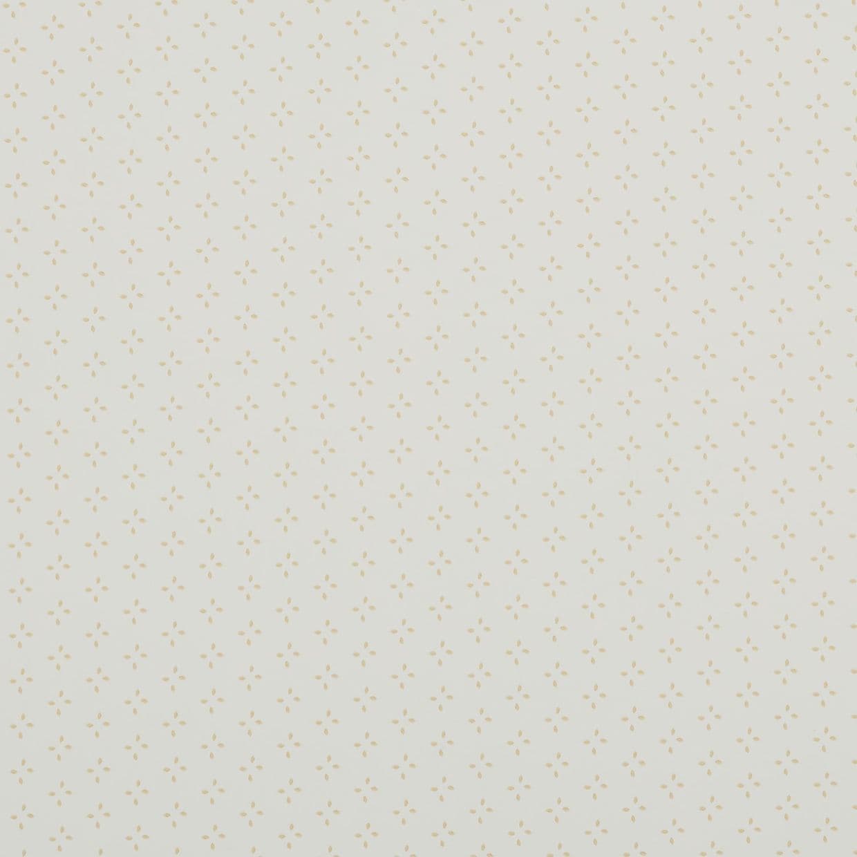Cream wallpaper with evenly spaced small beige fourâ€‘dot floral motifs; covering the entire wall in a uniform repeating pattern; viewed in soft, neutral indoor lighting.