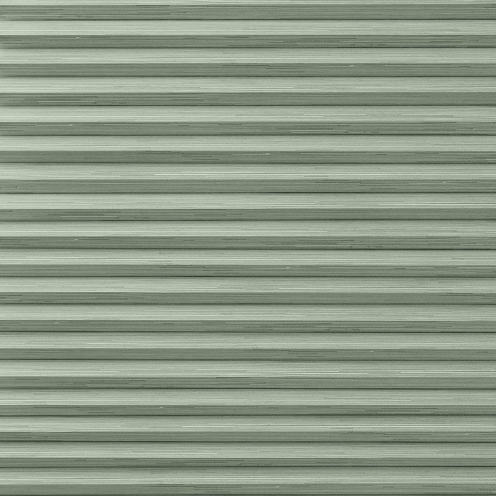 Horizontal metal roller shutter with narrow ribbed slats, fully closed across the opening; evenly lit muted green-gray surface, resembling a garage or storefront exterior with no visible interior or view.