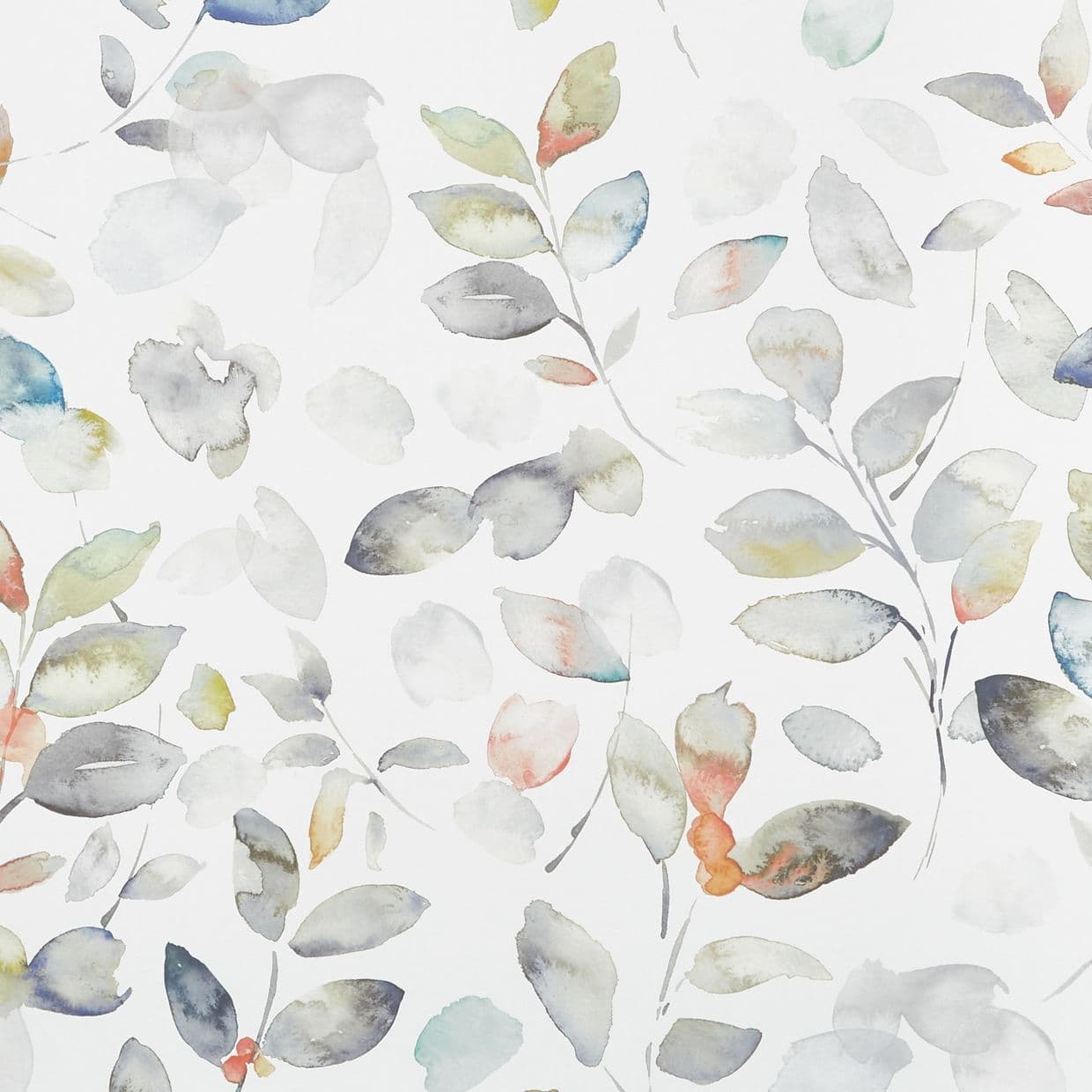Watercolor leaf motifsâ€”delicate branches and loose, varied leavesâ€”are loosely painted and overlapping, with soft washes and muted pastels on a white background, resembling decorative wallpaper.