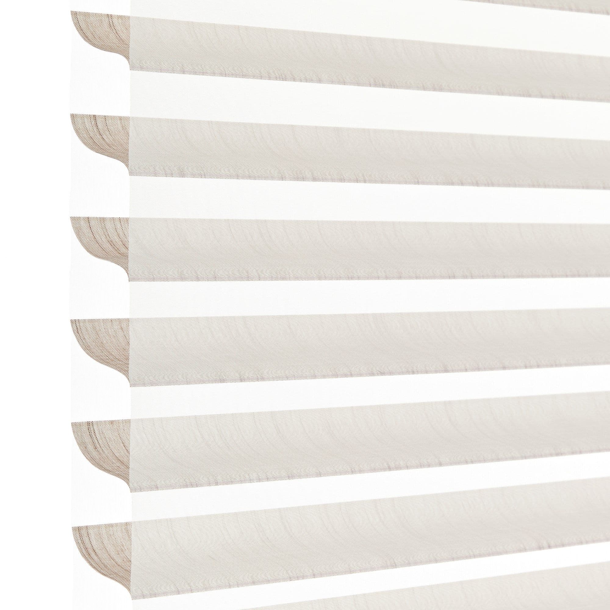 Sheer-and-opaque horizontal zebra blinds, lowered and aligned, alternating beige opaque and white translucent bands; filtering soft daylight in a bright, minimal close-up interior view.