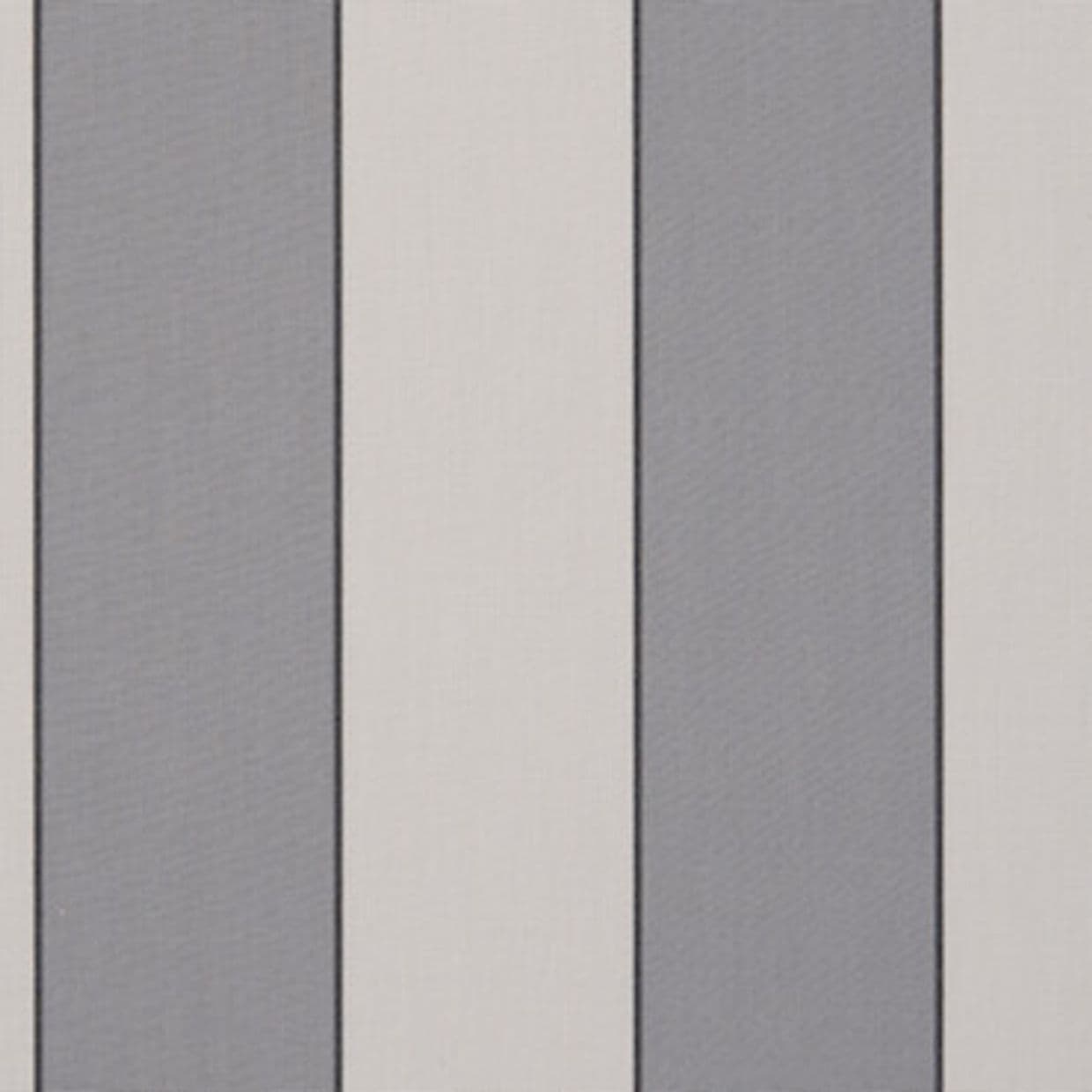 Vertical fabric-panel blinds, closed, featuring wide alternating gray and off-white stripes with thin dark seams; covering a window or wall, presenting flat, evenly diffused indoor lighting and minimalist appearance.