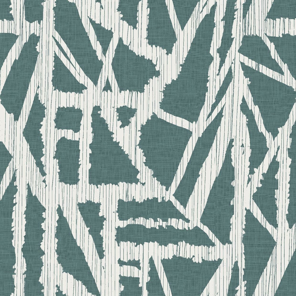 Teal wallpaper with jagged, white vertical-striped geometric shapes forms a repeating torn-edge pattern across the surface; close-up, evenly lit, textile-like texture visible.