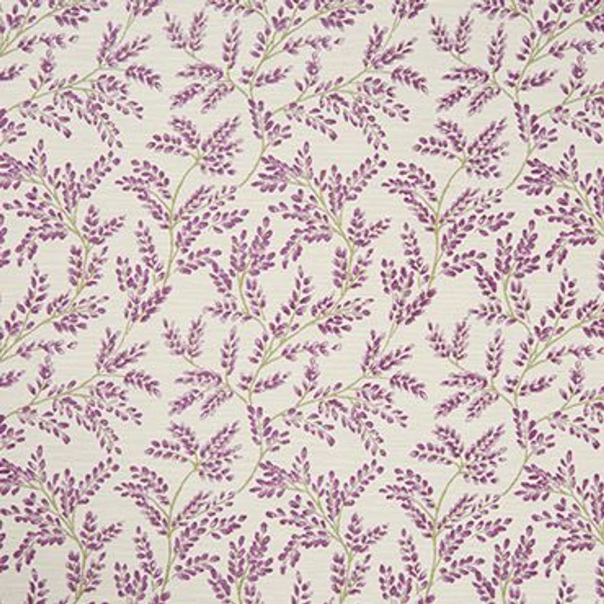 Wallpaper with a repeating botanical pattern of lavender-purple sprigs on a cream background, covering a flat wall surface; delicate green stems, evenly spaced, forming a soft, vintage floral motif.