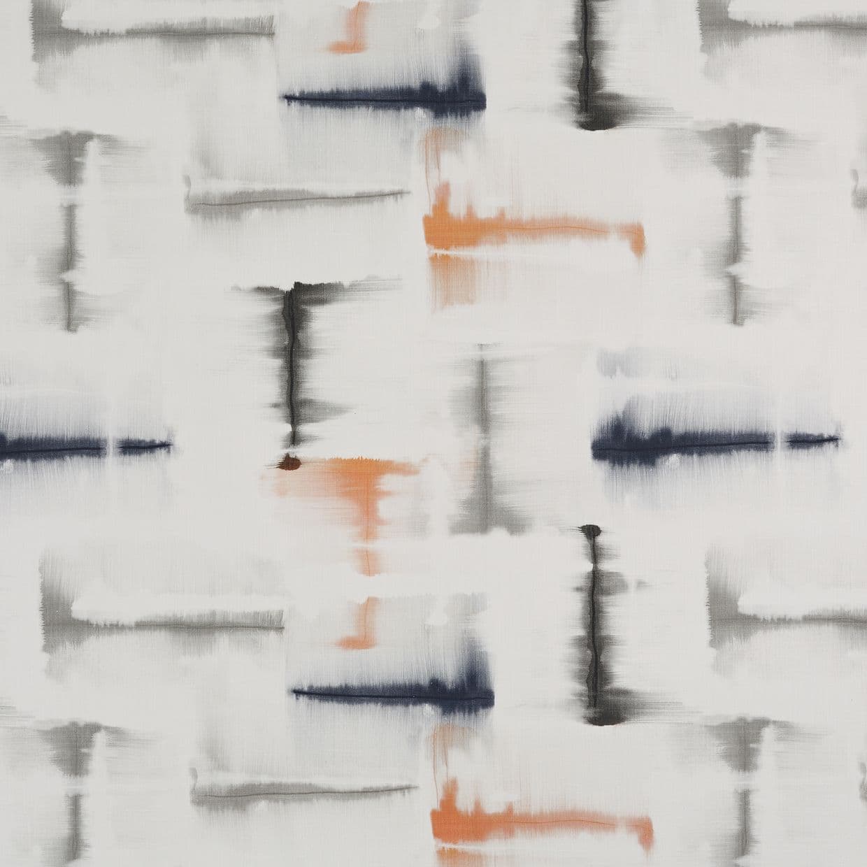 Abstract fabric pattern of rectangular blurred brushstrokes (navy, gray, rust) across a white background; strokes appear waterâ€‘bled and horizontally/vertically smudged; evokes modern textile or wallpaper.