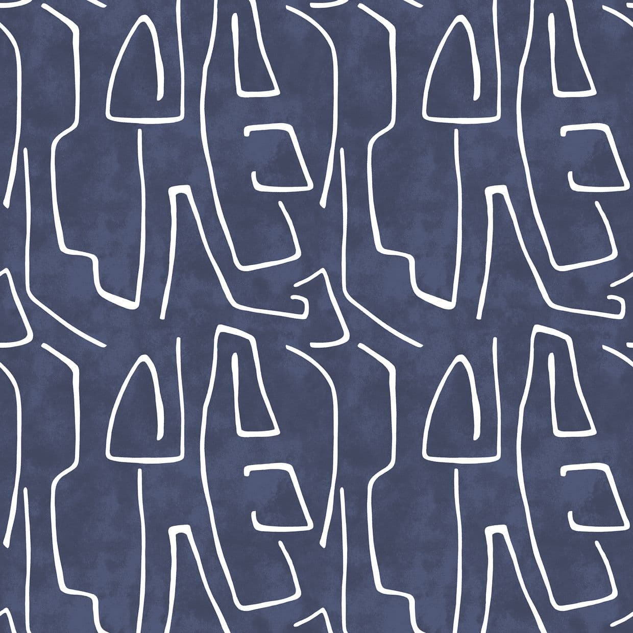 Navy textile with irregular white outlined shapes forming a continuous repeating pattern across the surface, presented as matte wallpaper or fabric with subtle shading and even lighting.