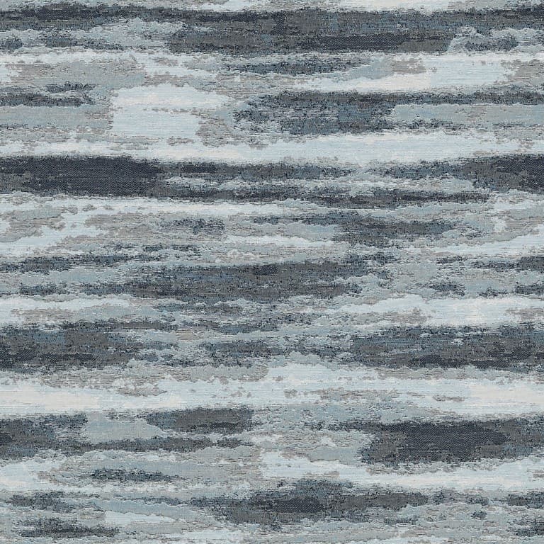 Abstract woven fabric swatch with horizontal painterly streaks in blue, gray, and beige; pattern forms irregular layered bands across the surface; flat, evenly lit, textile-like sample.