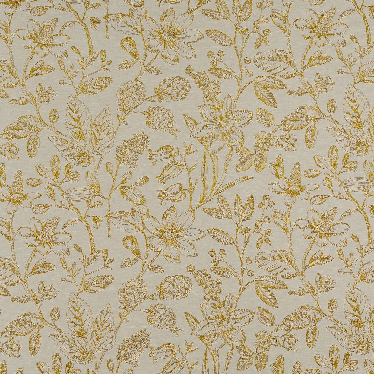 Creamy beige wallpaper covered edge-to-edge with mustard-yellow, hand-drawn floral and foliage motifs; the repeating pattern decorates a wall surface, shown in a neutral, softly lit close-up.