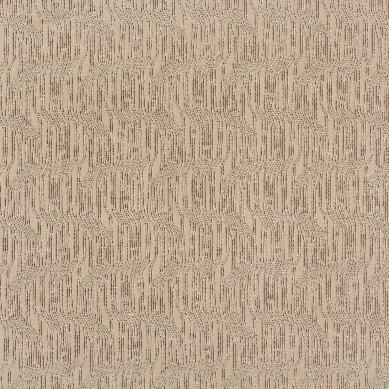 Beige textured wallpaper covering a wall, featuring repeating vertical wavy stitched lines; pattern creates a subtle ribbed relief; close-up under soft, neutral interior lighting.