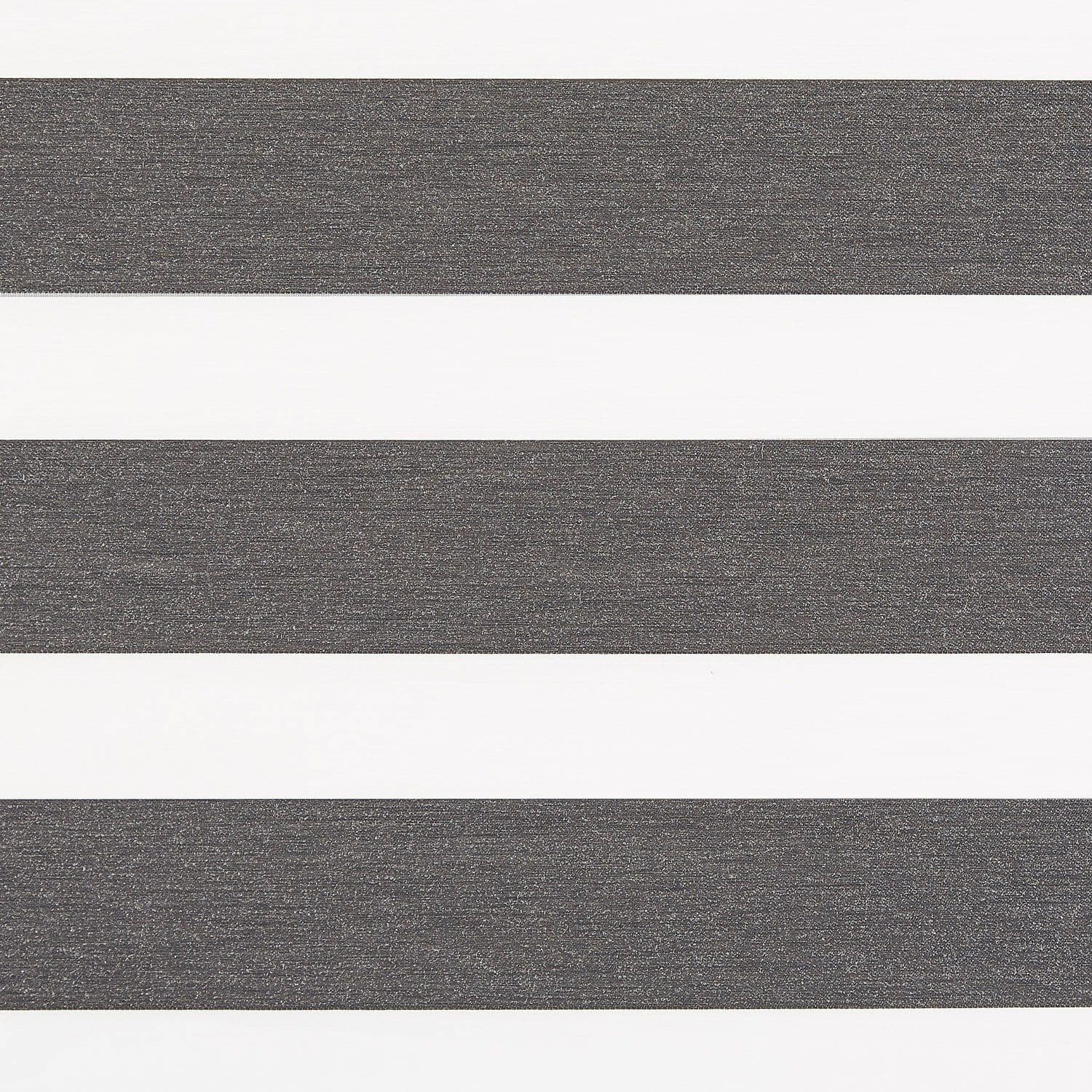 Zebra roller blind spanning the frame, alternating charcoal textured opaque and white sheer horizontal bands; aligned to filter and block light, mounted over a bright, neutral-lit window.
