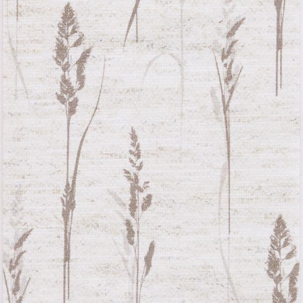 Tall, slender grass stalk silhouettesâ€”taupe, sparse seedheadsâ€”printed in a vertical repeating pattern, rising across a textured off-white-beige background that resembles neutral, naturalistic wallpaper.
