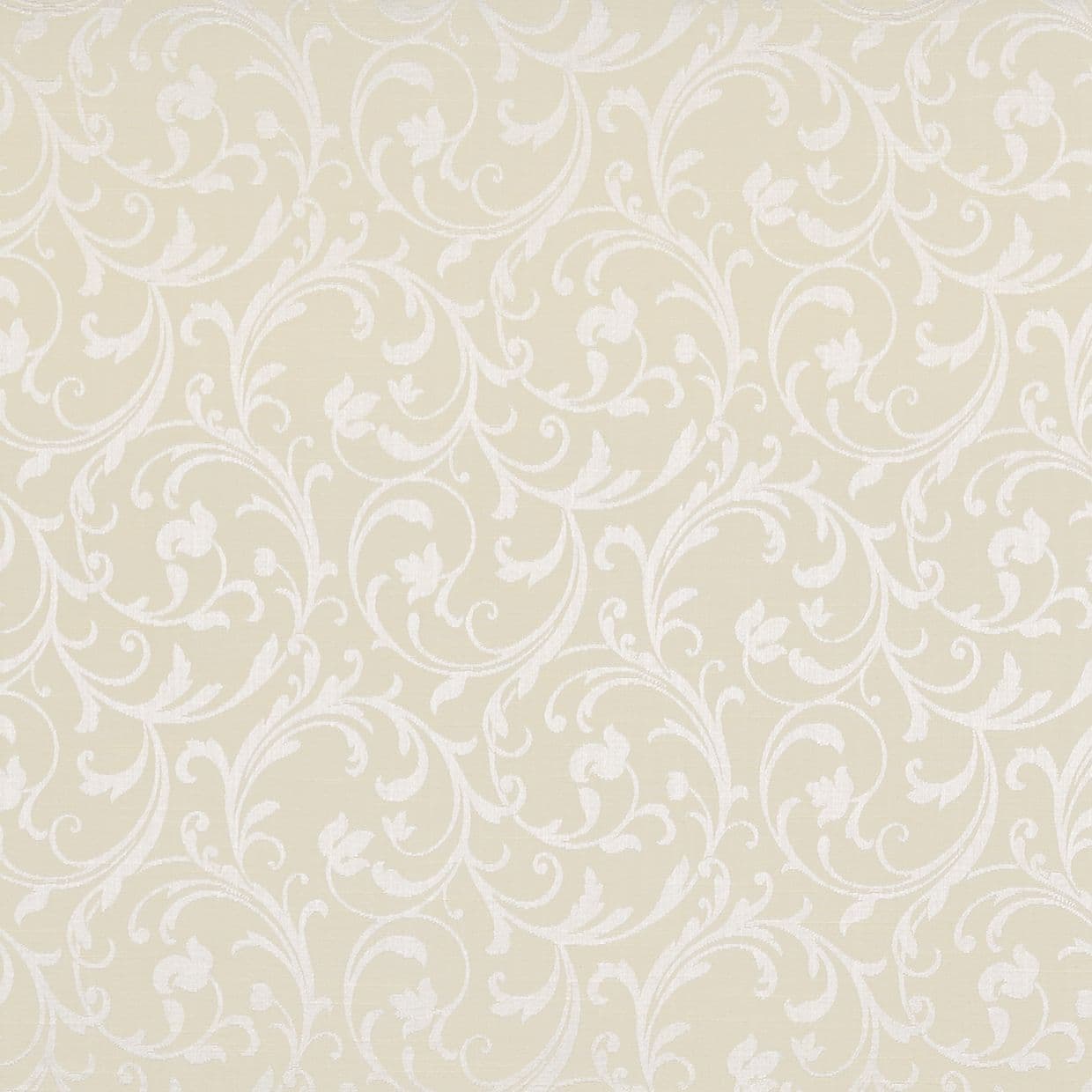 Cream wallpaper with white, raised swirling floral damask pattern â€” repeating vines and leaves cover the surface â€” interior wall or fabric panel in soft, even lighting, neutral decorative setting.