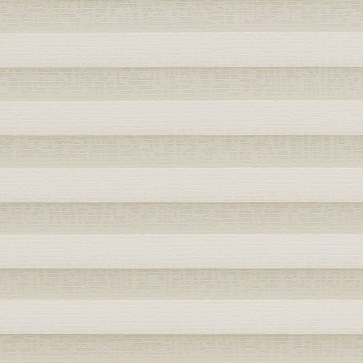 Layered horizontal cellular blind, beige and cream textured bands covering window; closed, filtering soft light; neutral interior setting with diffuse daylight and minimal visual detail.