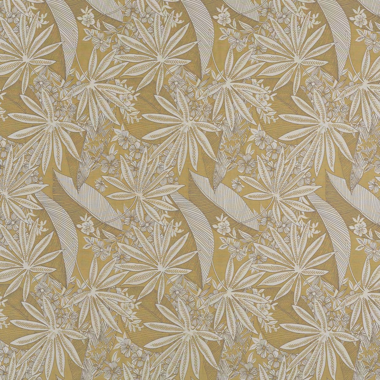 Decorative wallpaper with large cream, star-shaped botanical leaves and slender striped fronds â€” repeating across the surface â€” creating a dense, vintage-style floral pattern on a muted mustard-gold background.