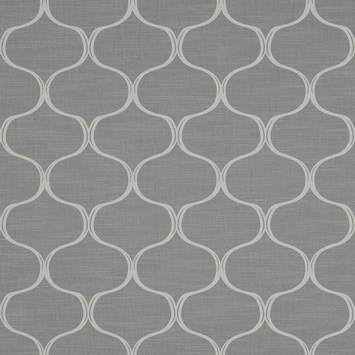 Grey textured wallpaper with overlapping white arabesque trellis pattern; pattern repeats uniformly across the surface; close-up view of a subtle, contemporary interior wall covering.