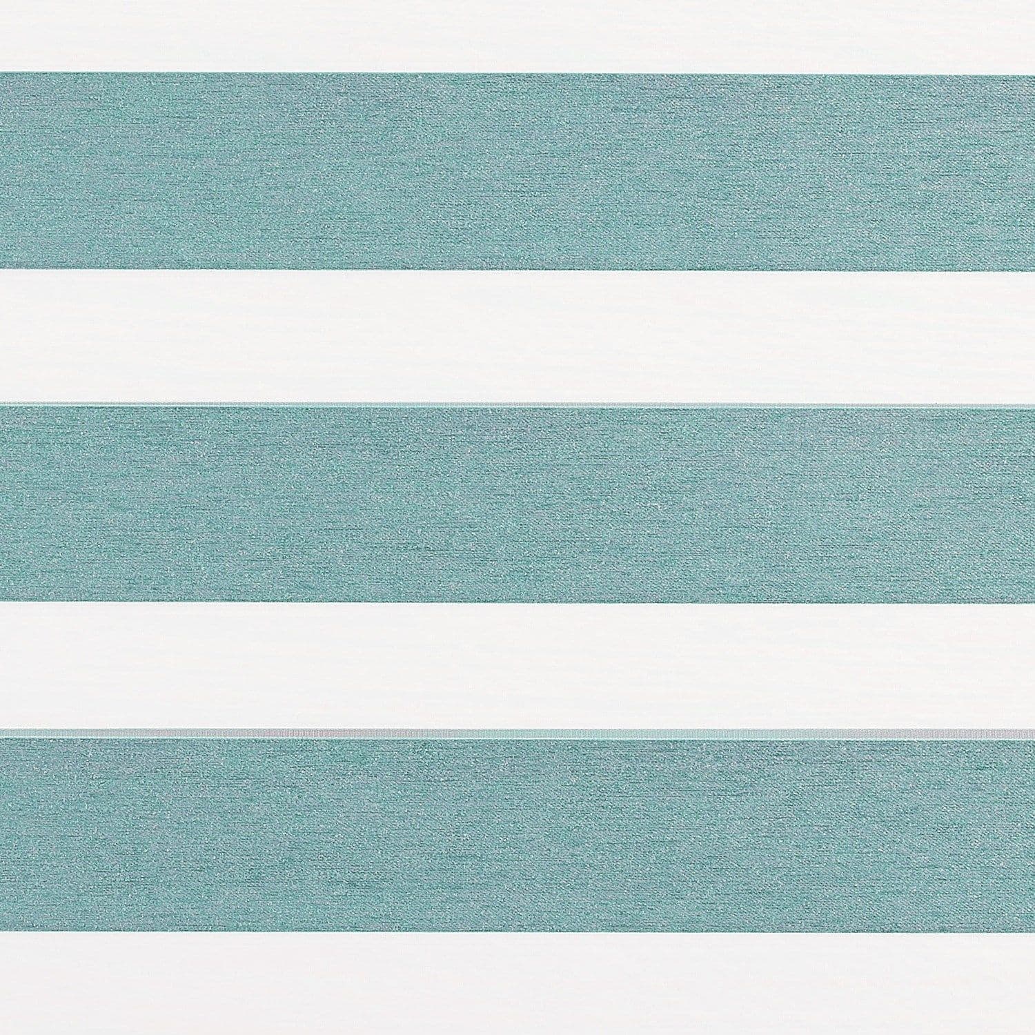 Horizontal striped roller blind with alternating teal textured bands and white opaque bands; bands lie flat and aligned, shown in a close-up, evenly lit, flat composition.