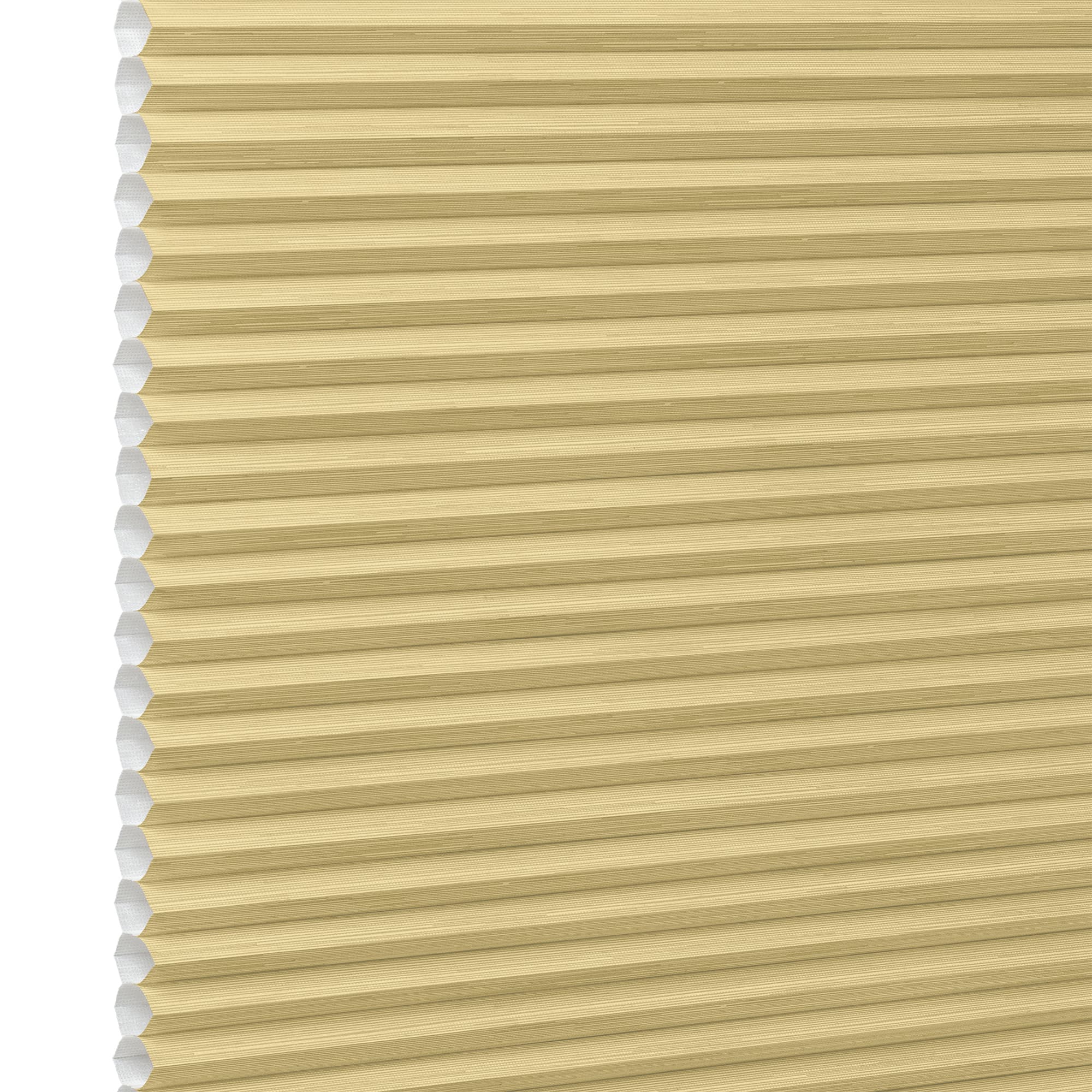 Honeycomb cellular blind, beige with visible hexagonal cells at left edge and narrow horizontal pleats â€” fully lowered and closed, filtering soft light in a close-up, neutral setting.