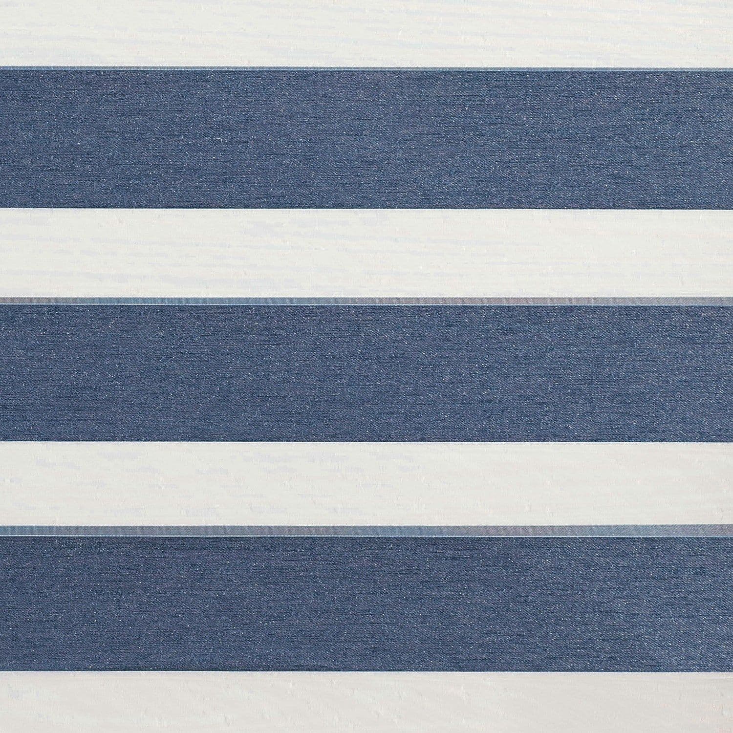 Zebra roller blind with wide navy-blue textured and white sheer horizontal bands, alternating to filter light, mounted indoors under soft ambient lighting with no visible outside view.