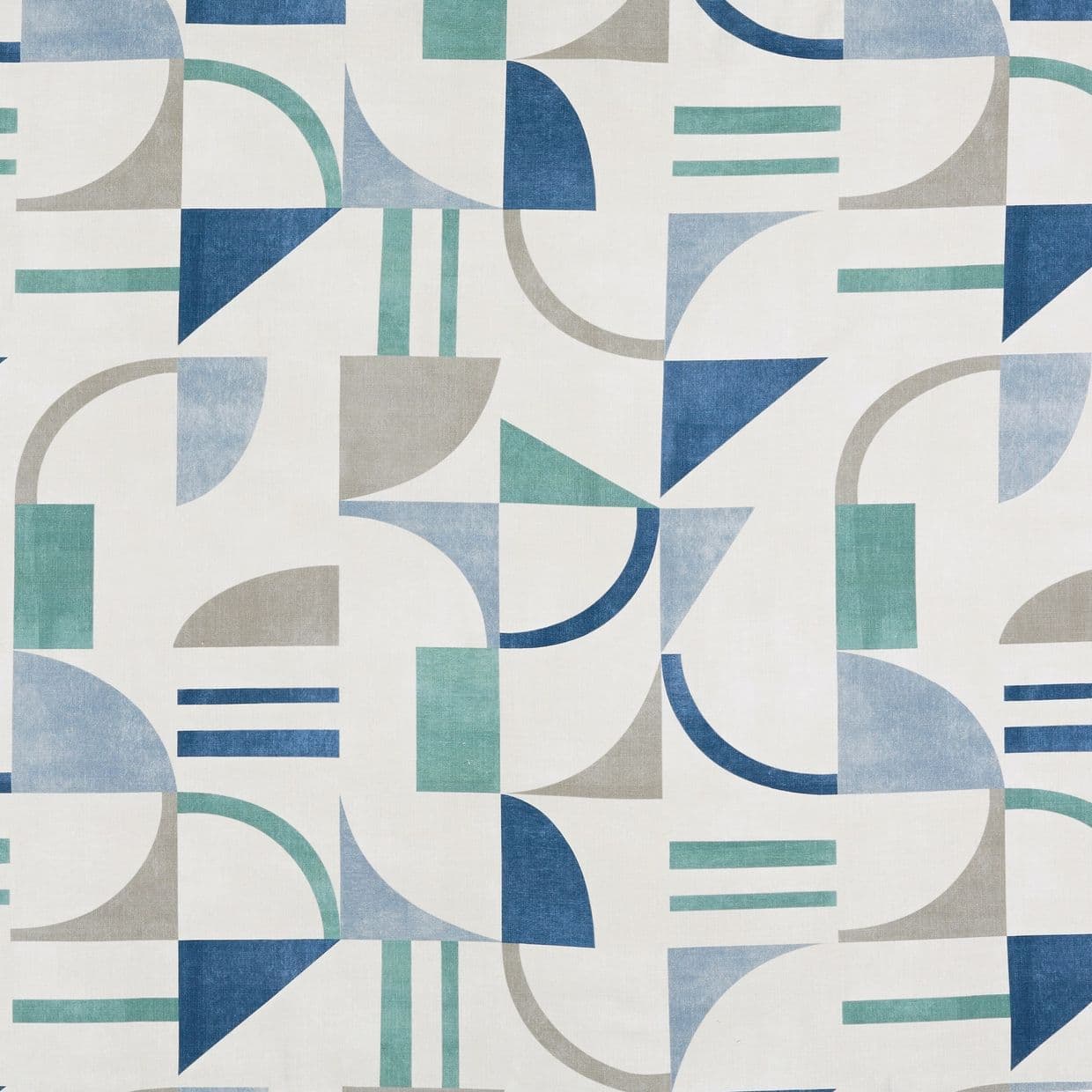 Geometric patterned fabric featuring blue, teal and gray semicircles, triangles and bars â€” repeating in a tiled grid, creating alternating arcs and angles against an offâ€‘white background with flat, even lighting.
