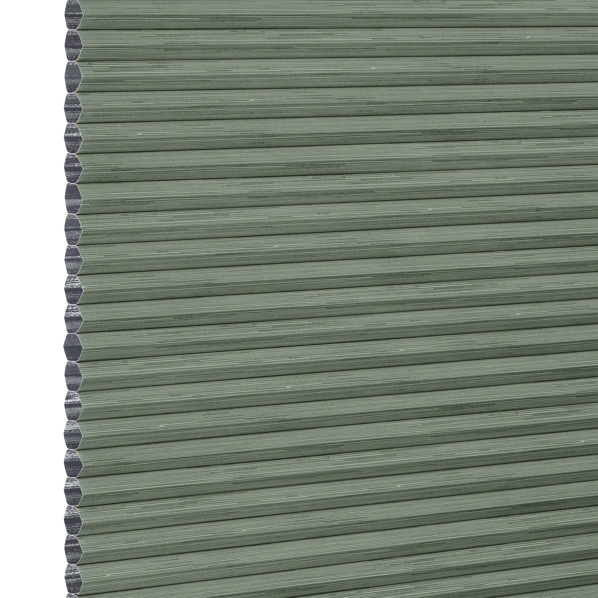 Cellular honeycomb blind â€” sage-green pleated fabric fully lowered with exposed hexagonal cells along the left edge; blocking and softly filtering light in a neutral interior.