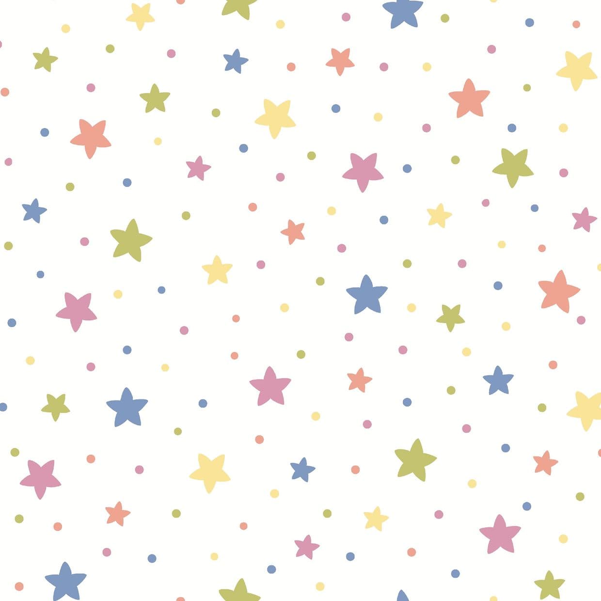 Pastel five-pointed stars and tiny dots, scattered across a white field, creating a repeating decorative pattern suggesting children's wallpaper or fabric with soft, airy lighting.