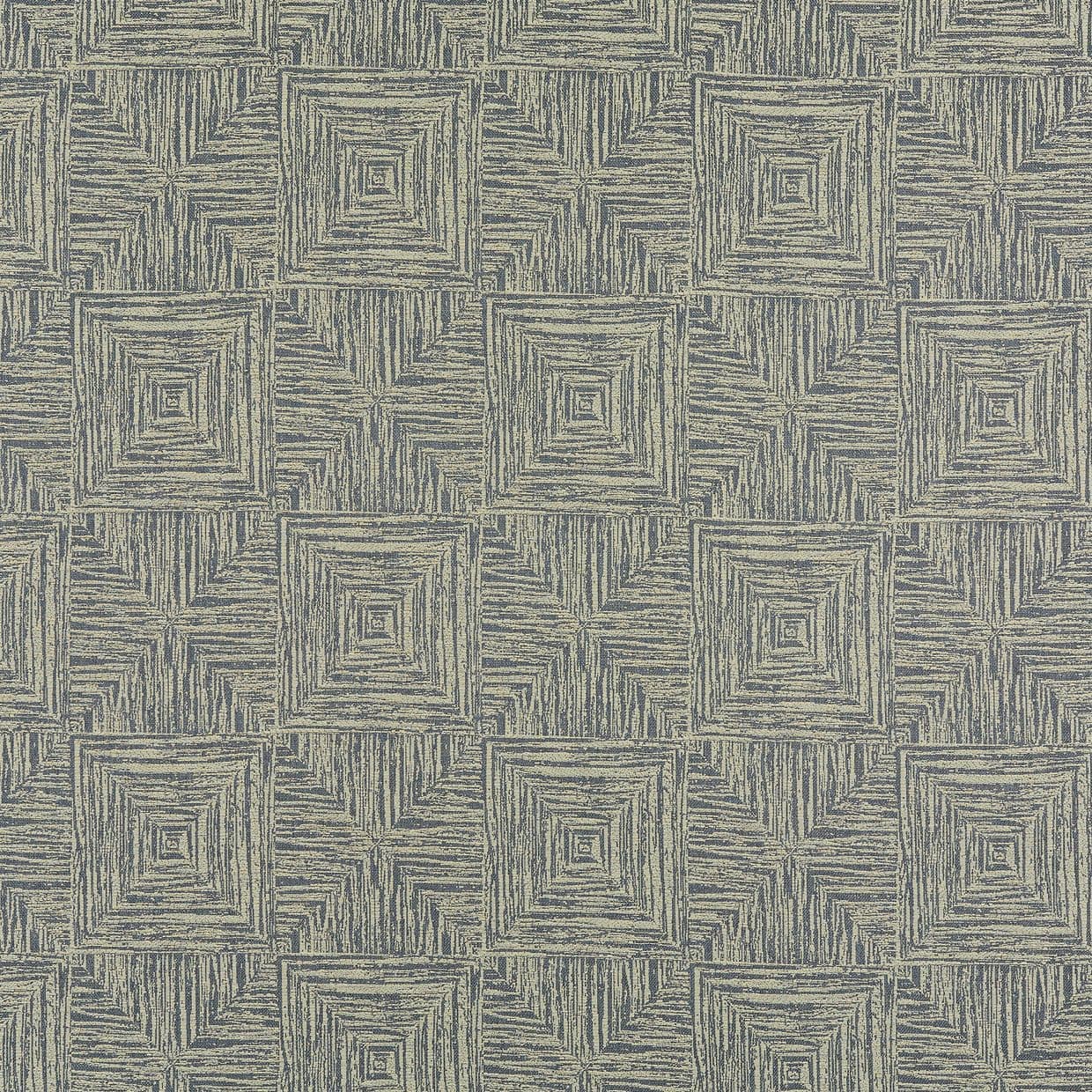 Textured wallpaper with nested concentric squares and striped quarter-squares â€” repeating in a tight grid â€” laid flat across a surface, muted blue-gray and beige tones, subtle optical depth.
