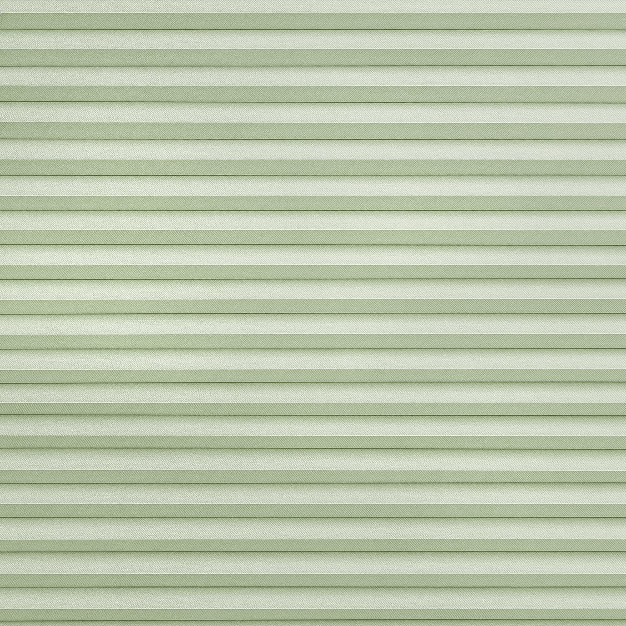 Light green pleated cellular shades spanning the frame, fully lowered and closed with horizontal ribbed texture, softly filtering diffuse daylight into a neutral, softly lit interior.