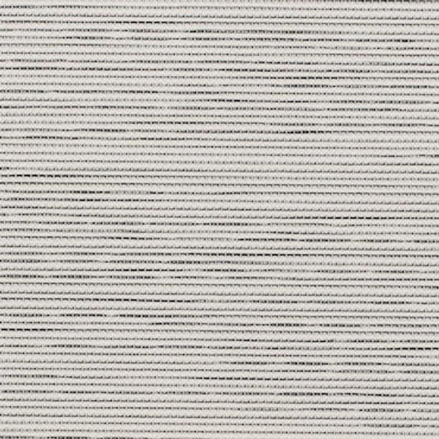 Horizontal woven shade with fine alternating light-and-dark stripes, closed and filtering light; fills frame with neutral indoor lighting and subtle texture, no visible view beyond.