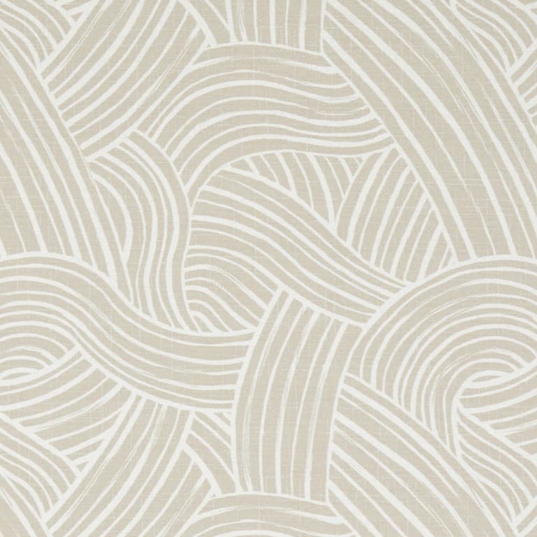 Beige and white striped woven-pattern wallpaper covering the entire surface; undulating, overlapping ribbon-like bands form a textured wave motif in a well-lit, neutral interior wall.
