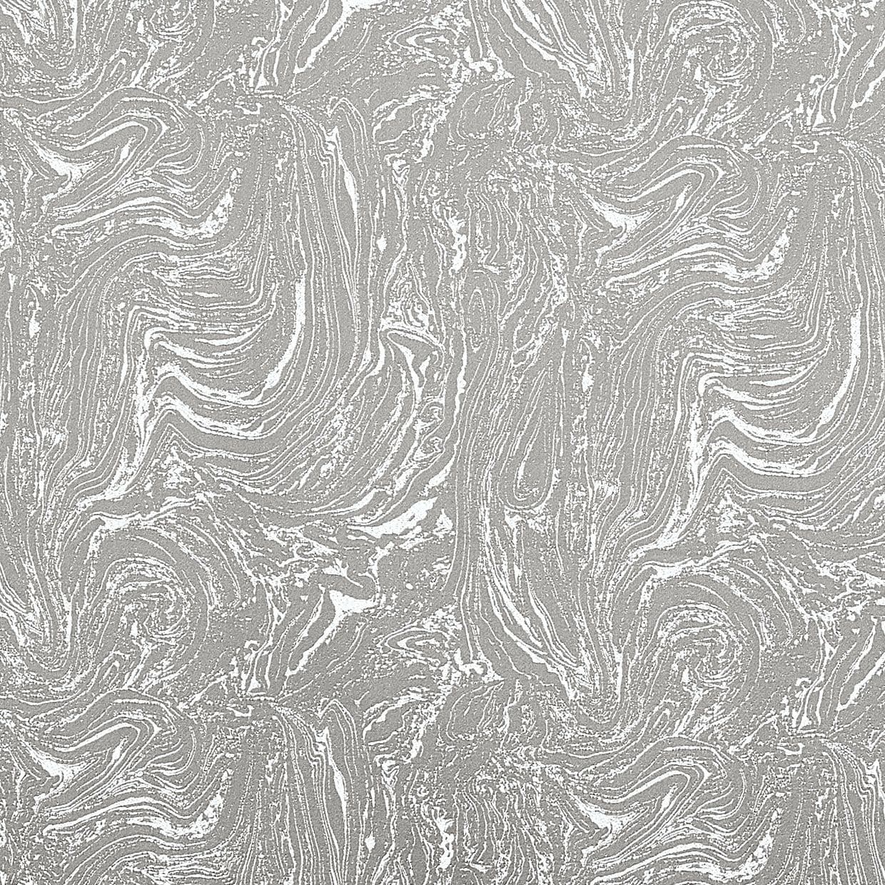 Gray-and-white marbled wallpaper with swirling vein pattern and matte texture, covering a flat vertical surface uniformly, set against a neutral, evenly lit background with no furniture or windows visible.