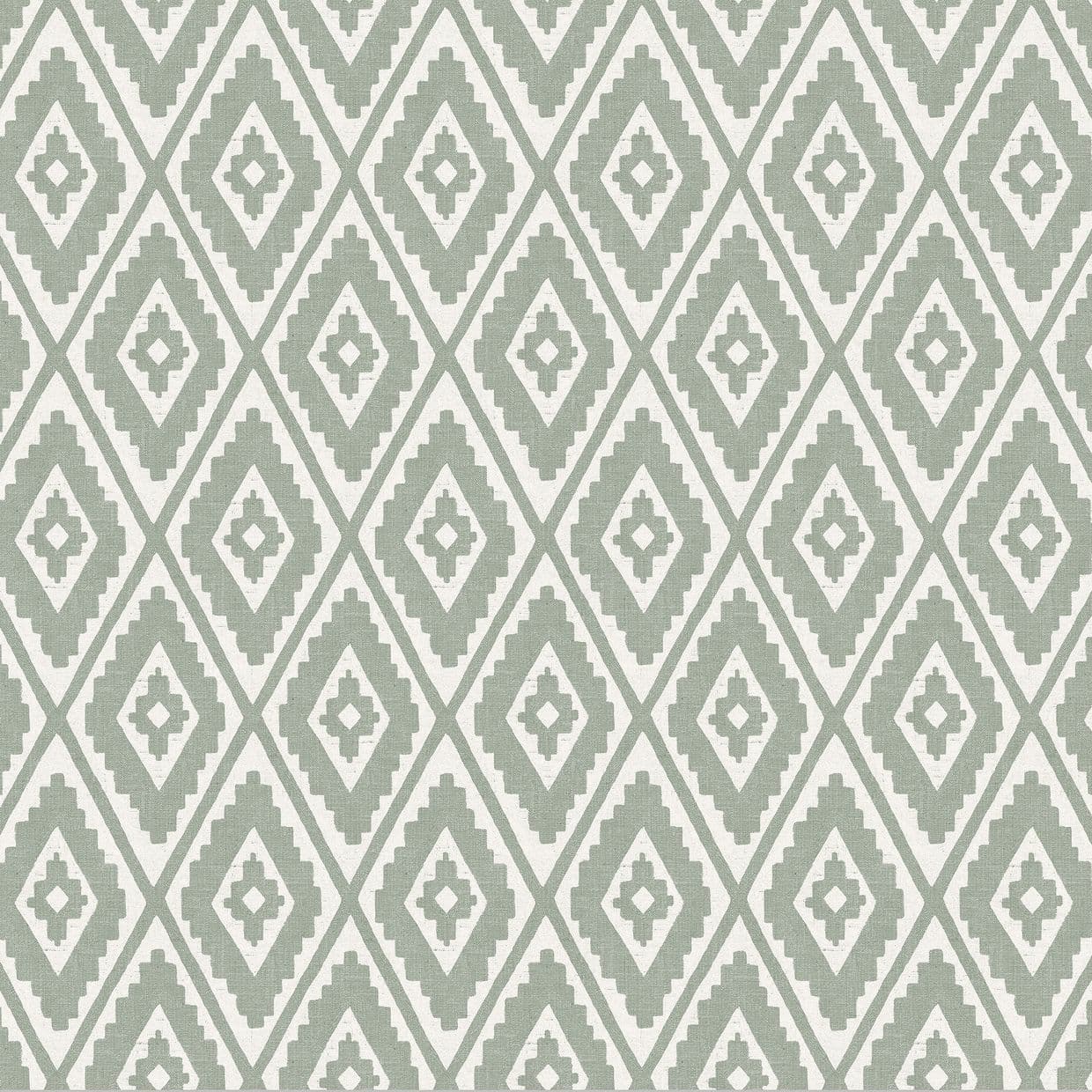 Woven textile or wallpaper with pale green and white stepped-diamond (ikat) pattern â€” repeating across the surface â€” used as decorative wallcovering or upholstery in a neutral, evenly lit interior.
