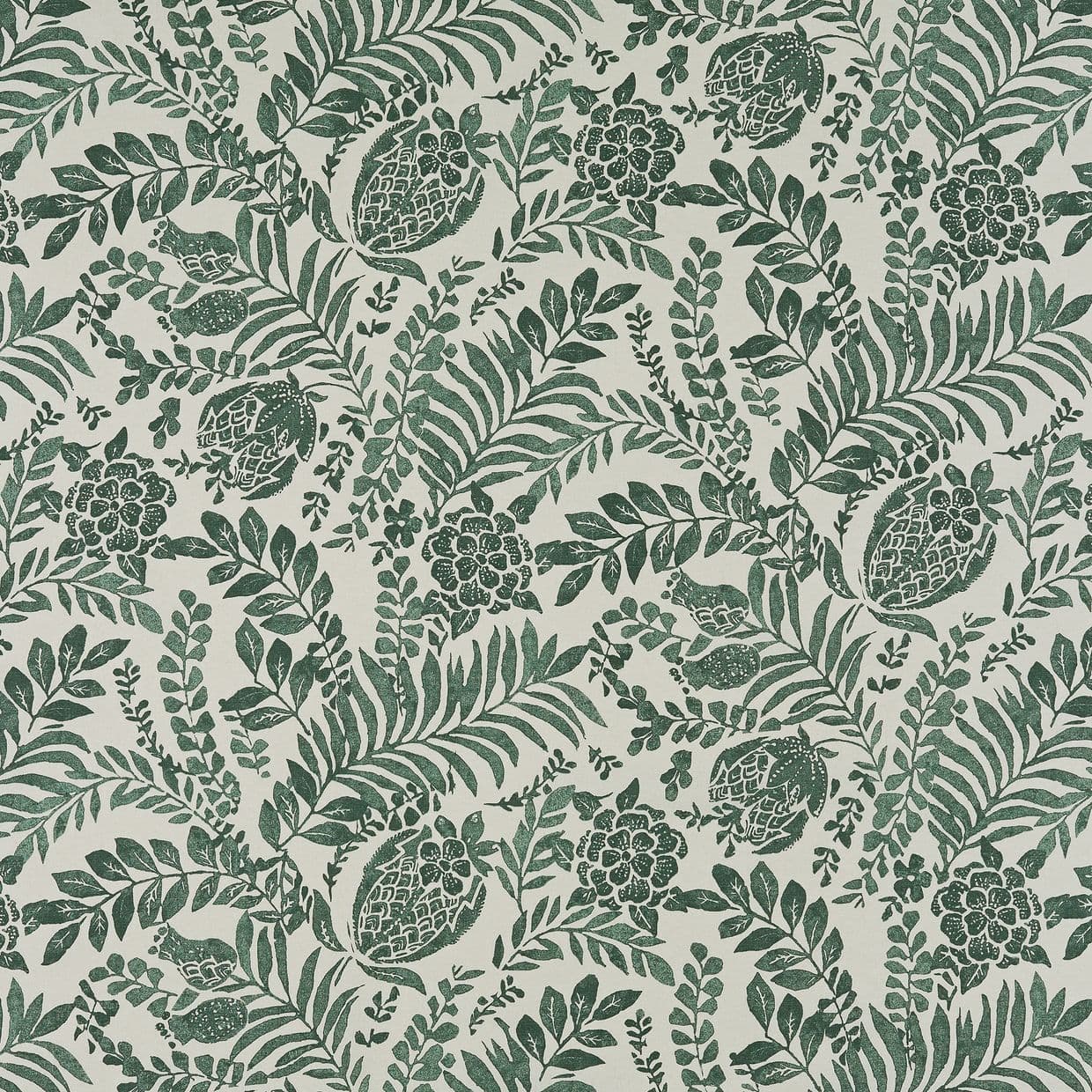 Green block-print botanical wallpaper: repeating ferns, leafy sprigs, flowers and pomegranate-like seed pods printed across a cream background, flat, vintage-style pattern suitable for wall or fabric.