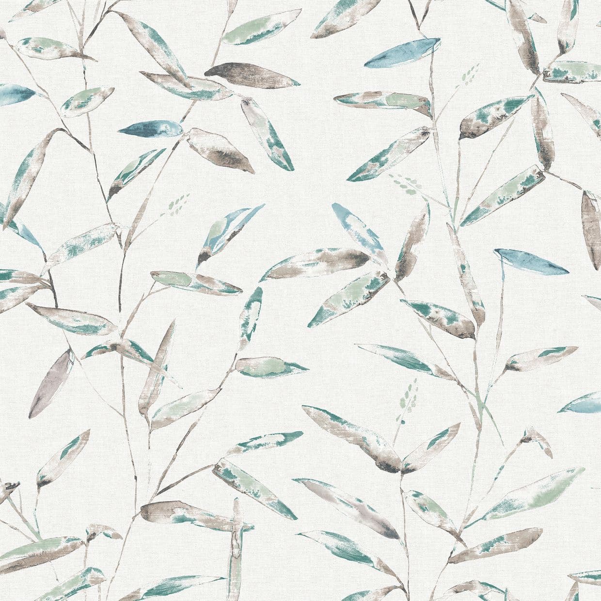 Watercolor bamboo leaves on thin stemsâ€”teal, green and brownâ€”repeat and cover an off-white textured surface, serving as decorative wallpaper or fabric in soft, neutral tones.
