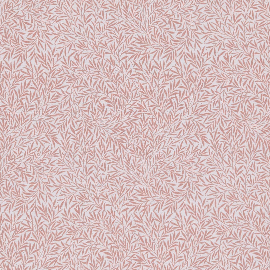 All-over wallpaper: cream background with dense, repeating dusty-pink stylized leaf motifs; pattern repeats uniformly, covering the surface; decorative, soft-toned, evenly lit interior surface.