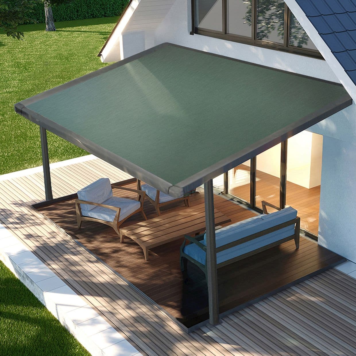 Green rectangular fabric awning attached to the house, supported by metal posts, extended, shading space; covers a wooden deck patio with lounge chairs and sliding glass doors, sunny yard.