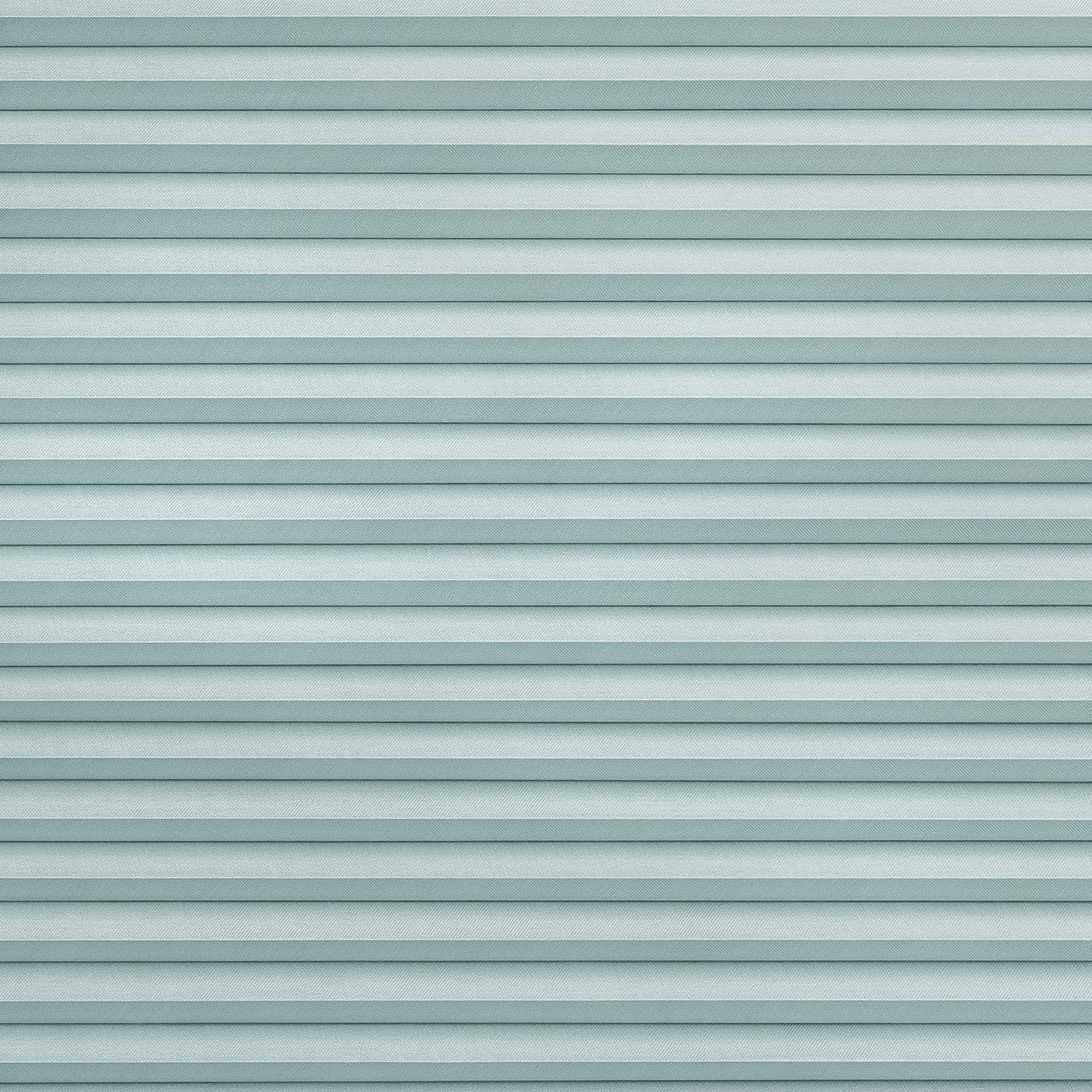 Light-teal pleated cellular blinds covering entire frame, horizontal narrow folds and textured fabric; closed, evenly filtering diffuse cool light; minimal interior context, no visible window or furnishings.