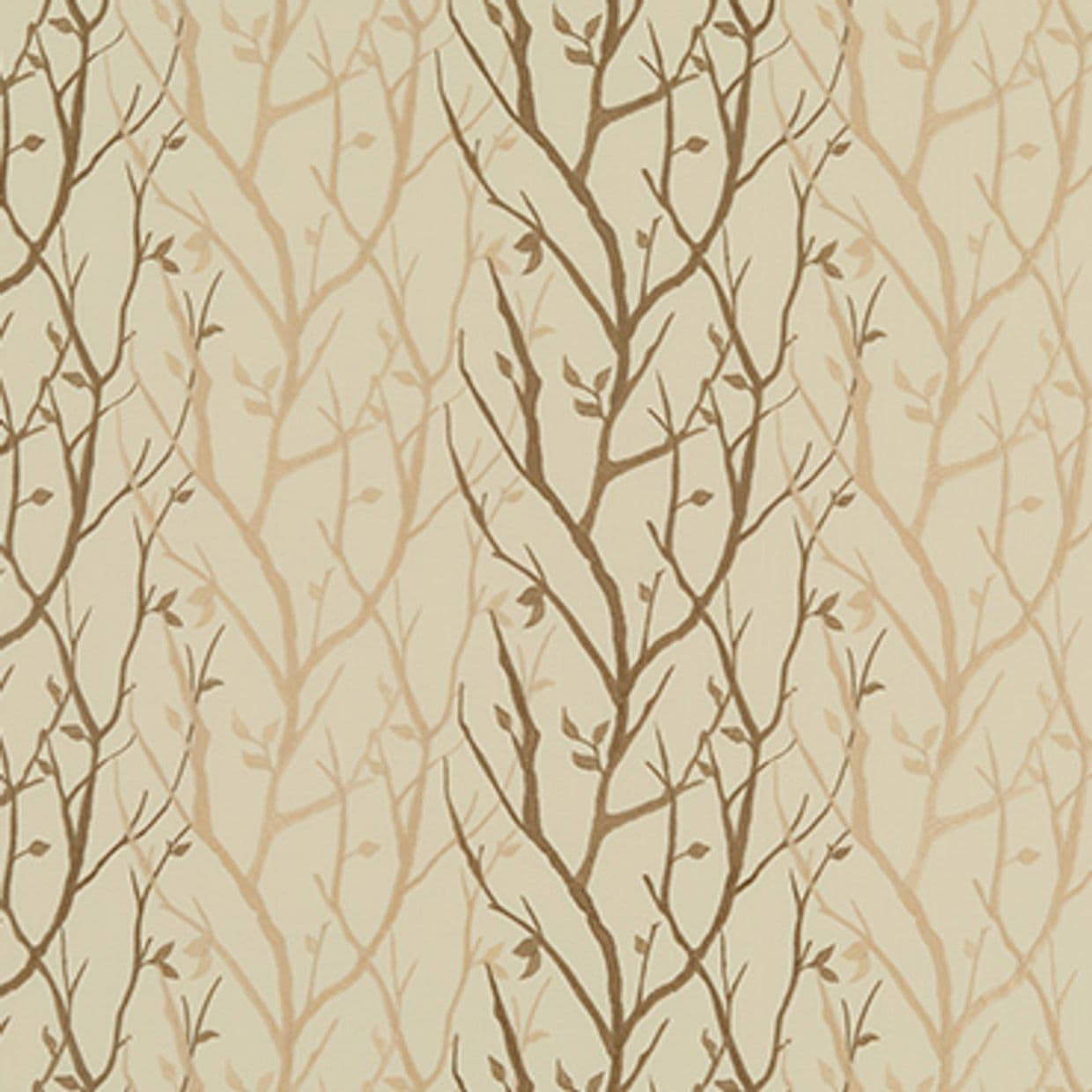 Beige wallpaper with a vertical, repeating bare-branch motif (dark and pale brown twigs with small leaves) covers the surface, creating a subtle, natural pattern suitable for a living room or hallway.