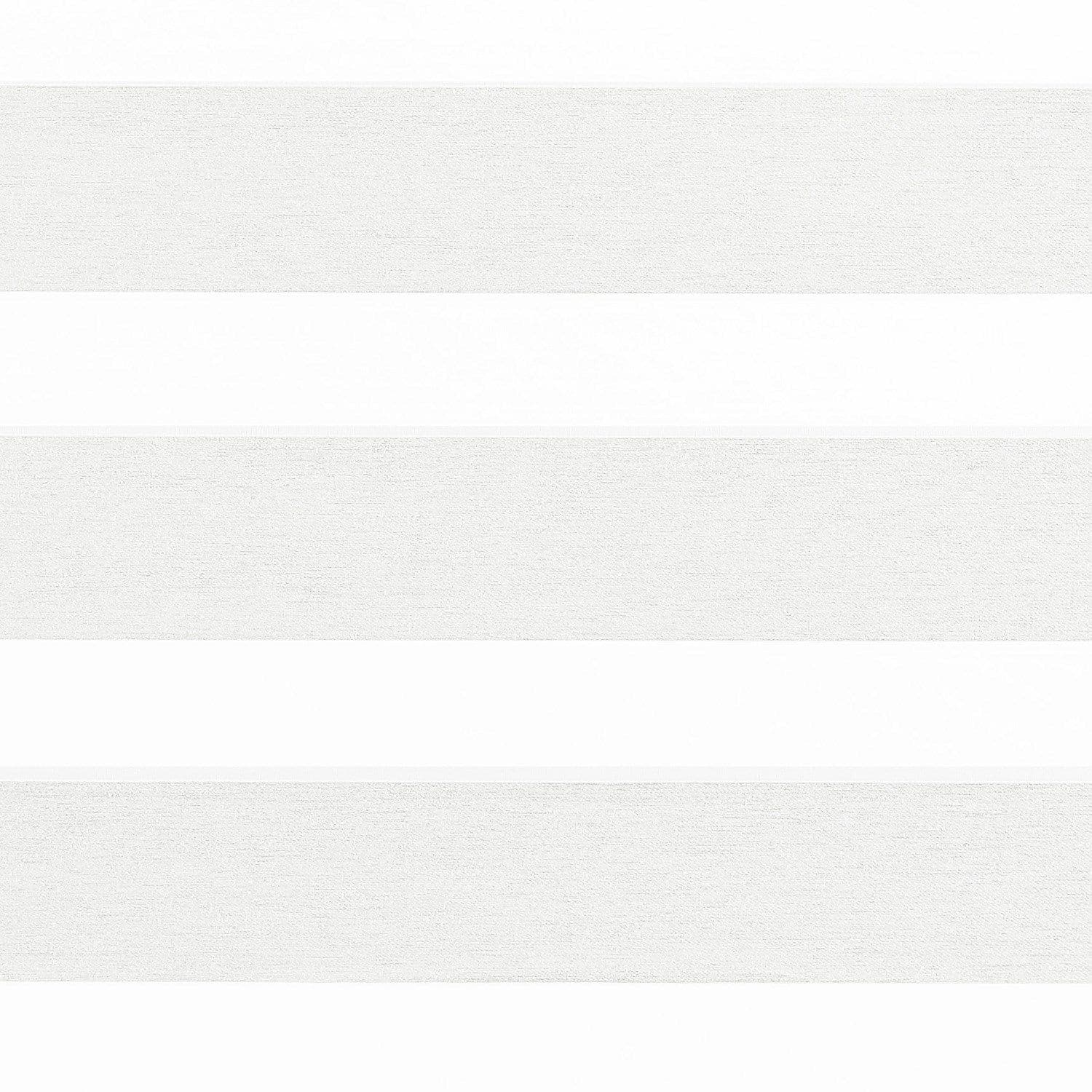 Roller zebra blindsâ€”lowered, alternating textured light-gray opaque and translucent white horizontal bandsâ€”partially diffuse and filter daylight; close-up view suggesting a bright, minimal interior window.