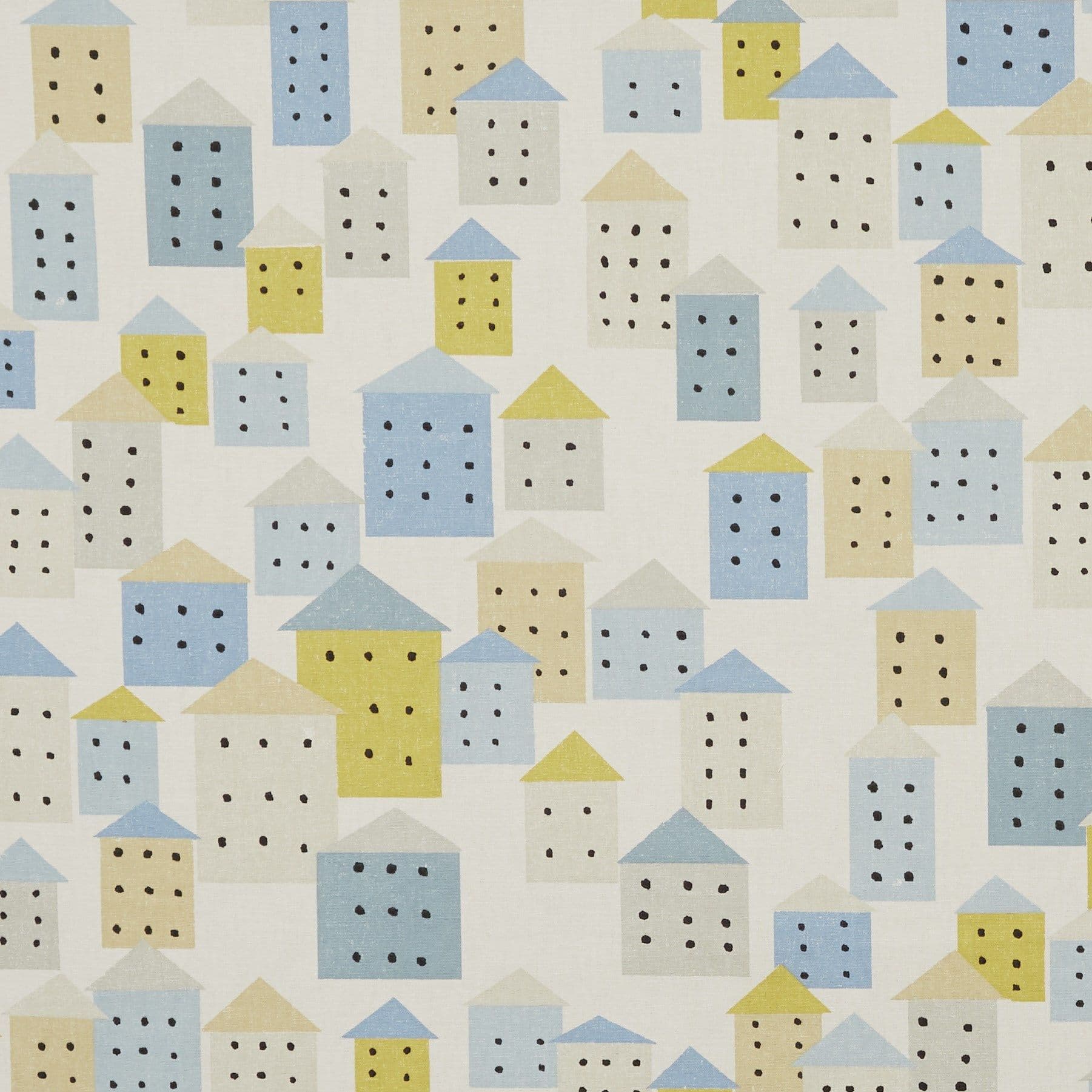 Small house-shaped motifs with triangular roofs in blue, yellow, and beige are arranged in a staggered repeating pattern, each showing rows of black dot windows, printed on pale textured fabric.