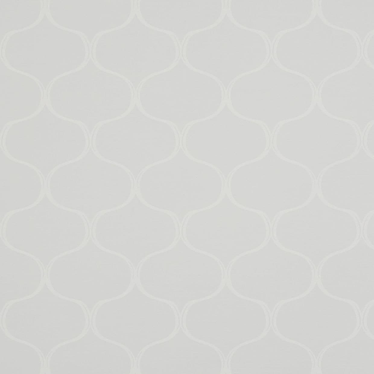 Pale gray wallpaper with a subtle white Moroccan trellis pattern; covering a wall with evenly repeating motifs, forming a soft, neutral backdrop under diffuse, even lighting.