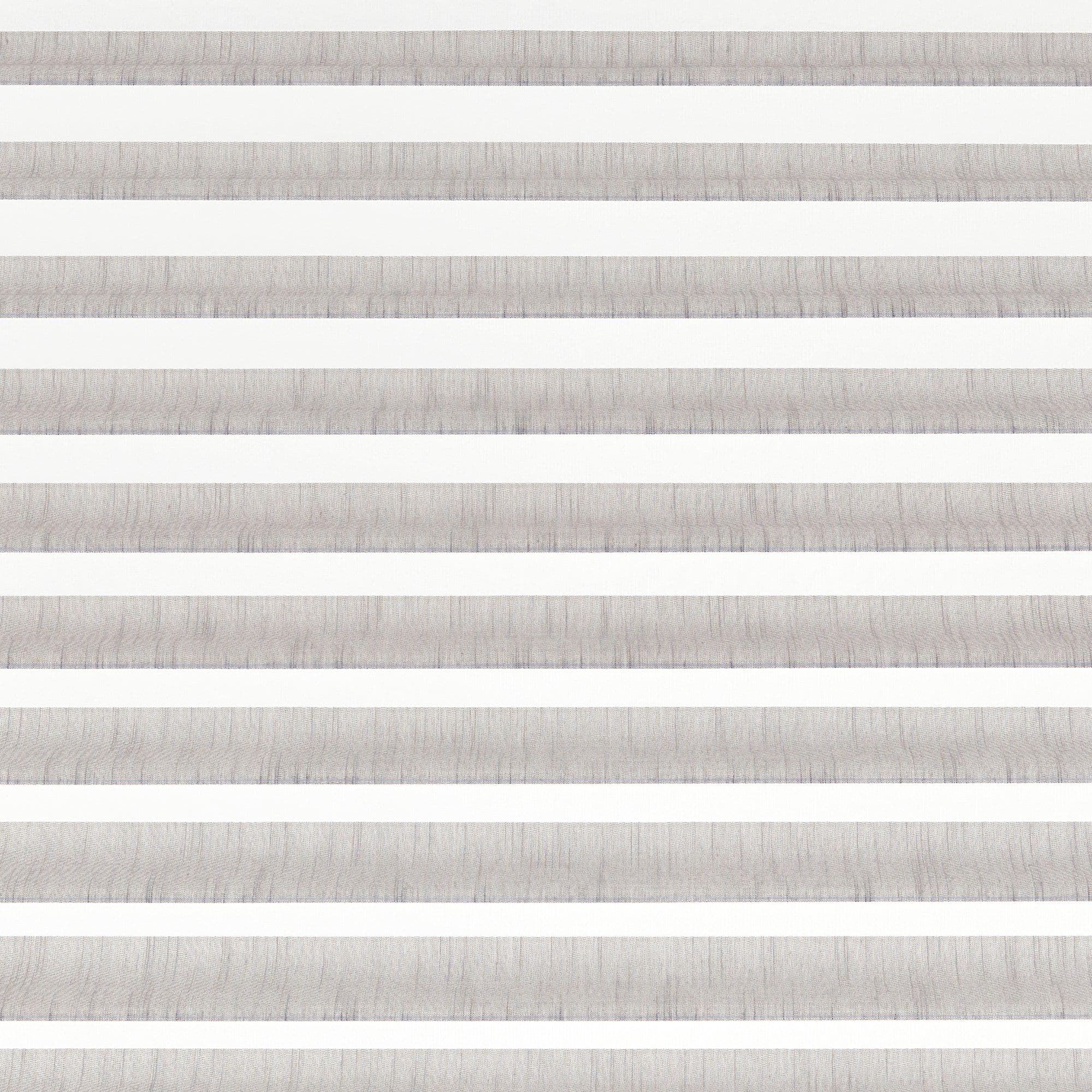 Horizontal zebra roller blind with alternating gray opaque and white sheer bands, aligned across the frame, filtering soft daylight in a neutral, evenly lit interior.