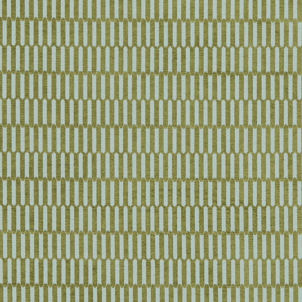 Wallpaper with narrow olive vertical rounded rectangles arranged in staggered rows; repeating geometric pattern. Pattern repeats across a flat, evenly lit pale blue-green surface.