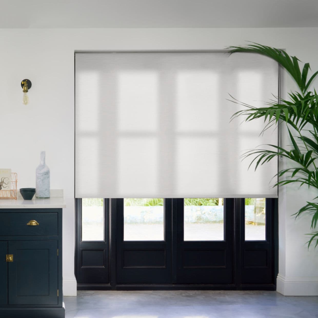 White translucent roller blind, lowered across tall blackâ€‘framed French doors, softly filtering daylight; surrounding minimalist entry/kitchen with a dark blue cabinet left, brass hardware, and a tall potted palm right.