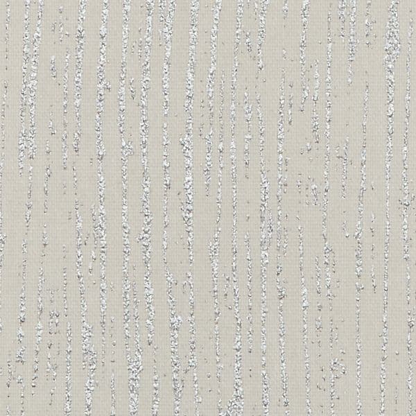 Beige textured wallpaper with irregular vertical silver-glitter raised stripes â€” adding subtle shimmer and vertical emphasis â€” installed on an interior wall under soft neutral lighting.